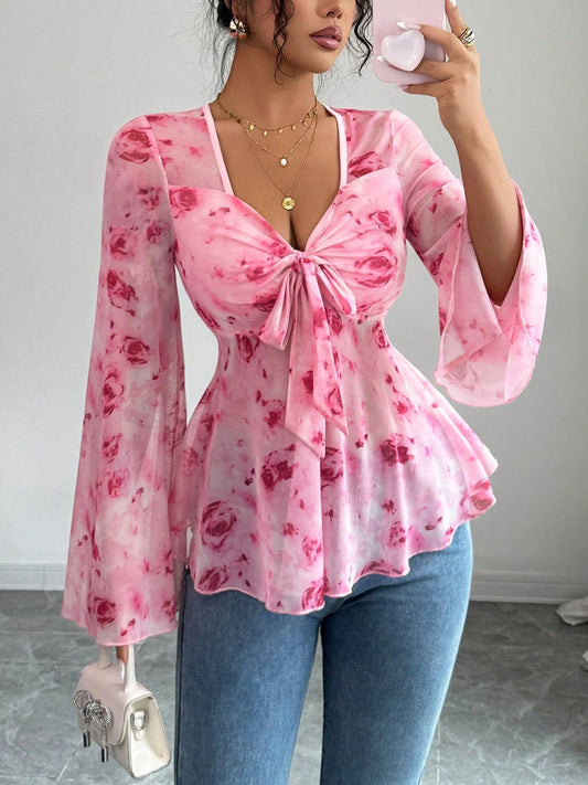 Floral Print Tie Front Flare Sleeve Chiffon Blouse