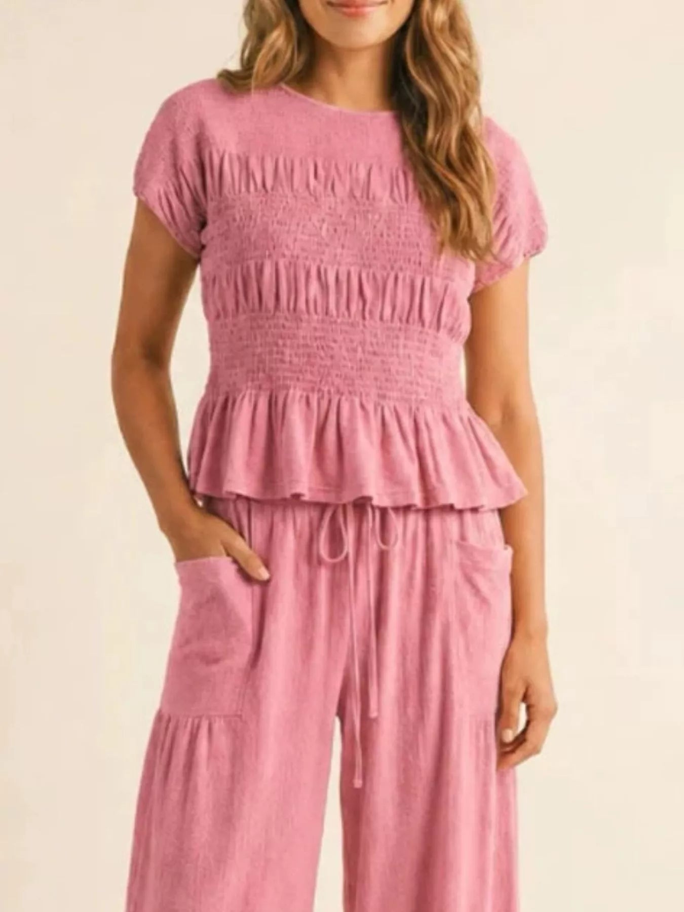 Smocked Peplum Top and Wide-Leg Pants Set