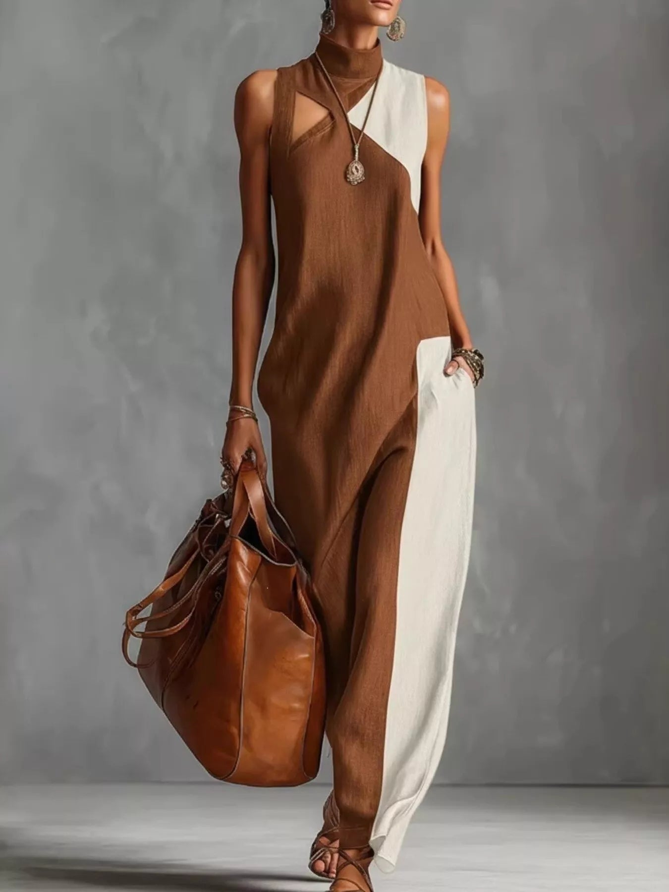 Full Size Color Block Mock Neck Sleeveless Maxi Dress Plus Size