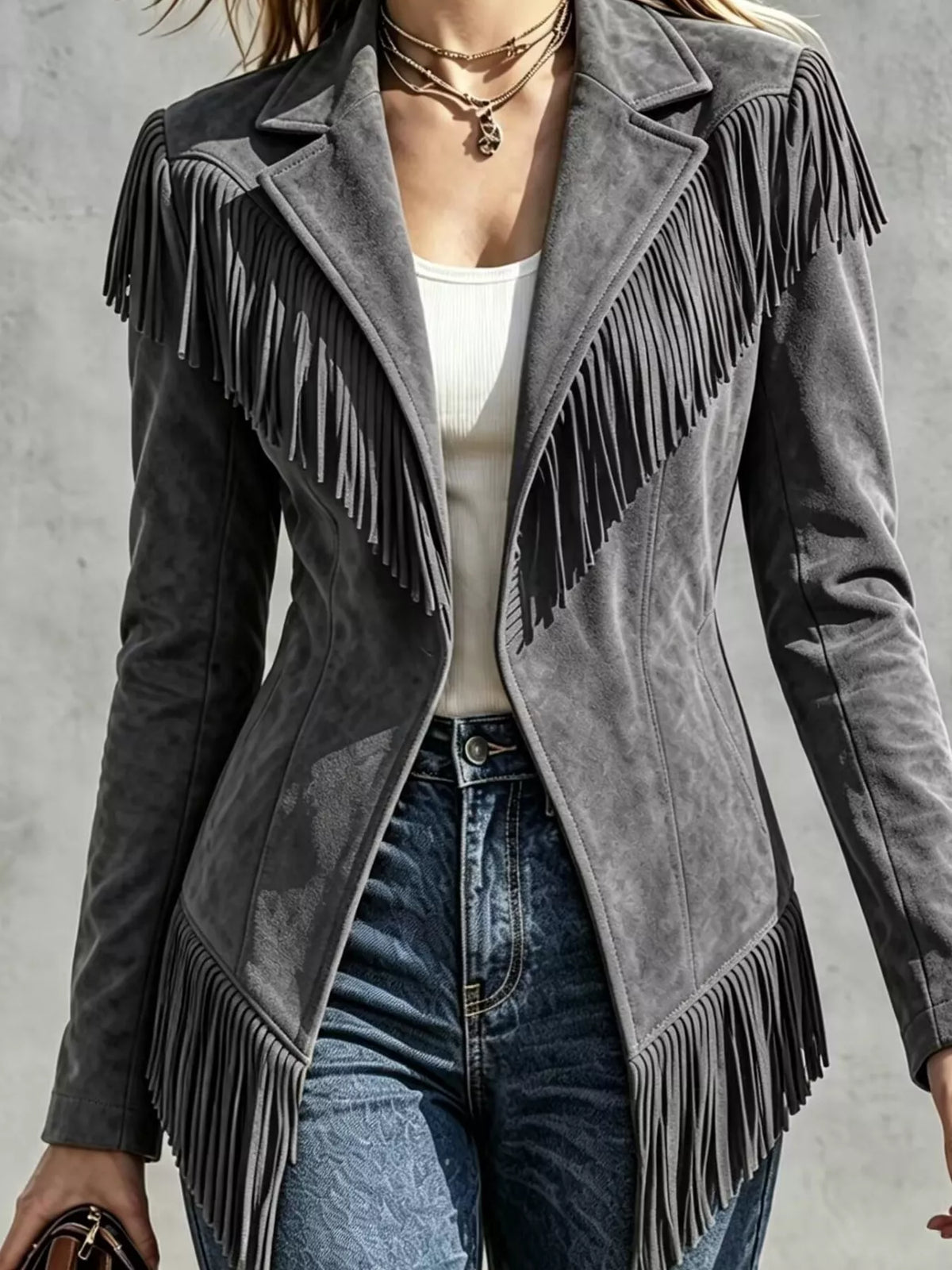 Western-Inspired Fringed Open Front Jacket