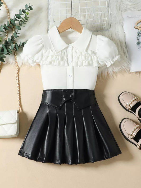 Children's Ruffle Trim Puff Sleeve Top & Pleated Skirt Set