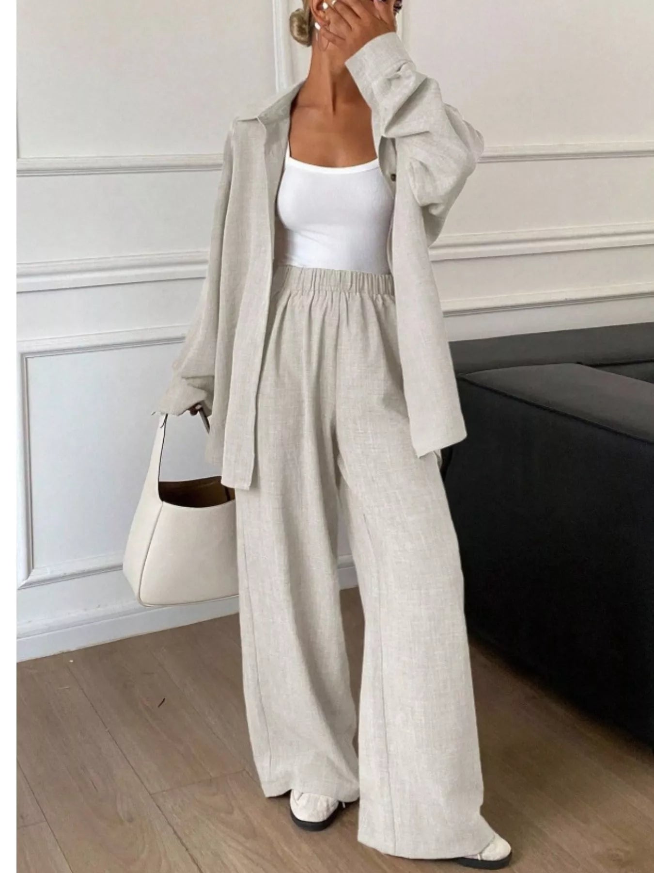 Button Up Long Sleeve Shirt and Wide Leg Pants Set