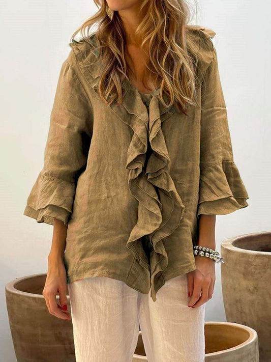 Full Size Ruffle Trim 3/4 Sleeve Blouse Plus Size