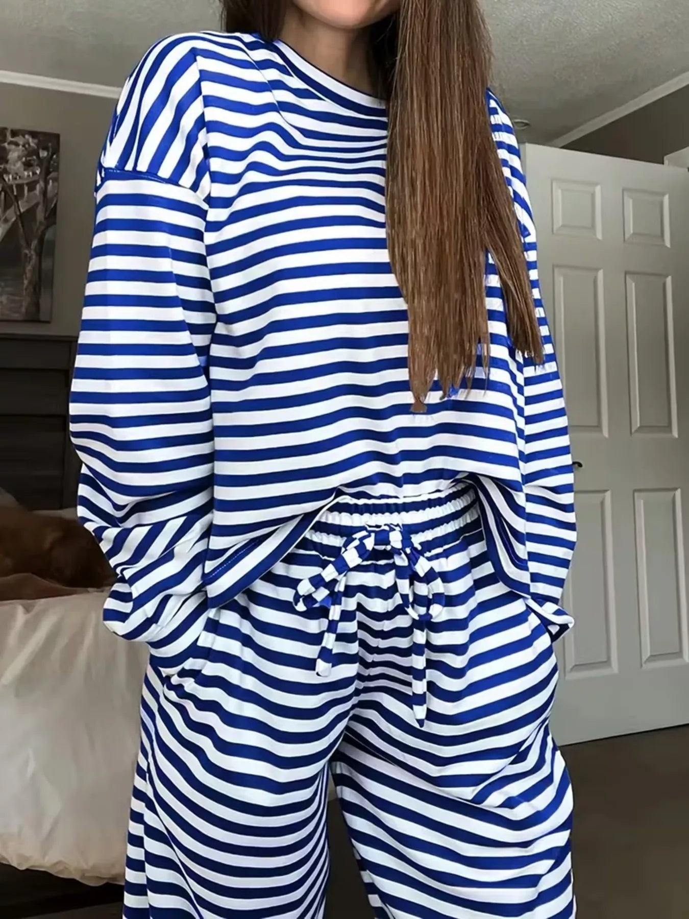 Striped Dropped Shoulder Top and Pants Set