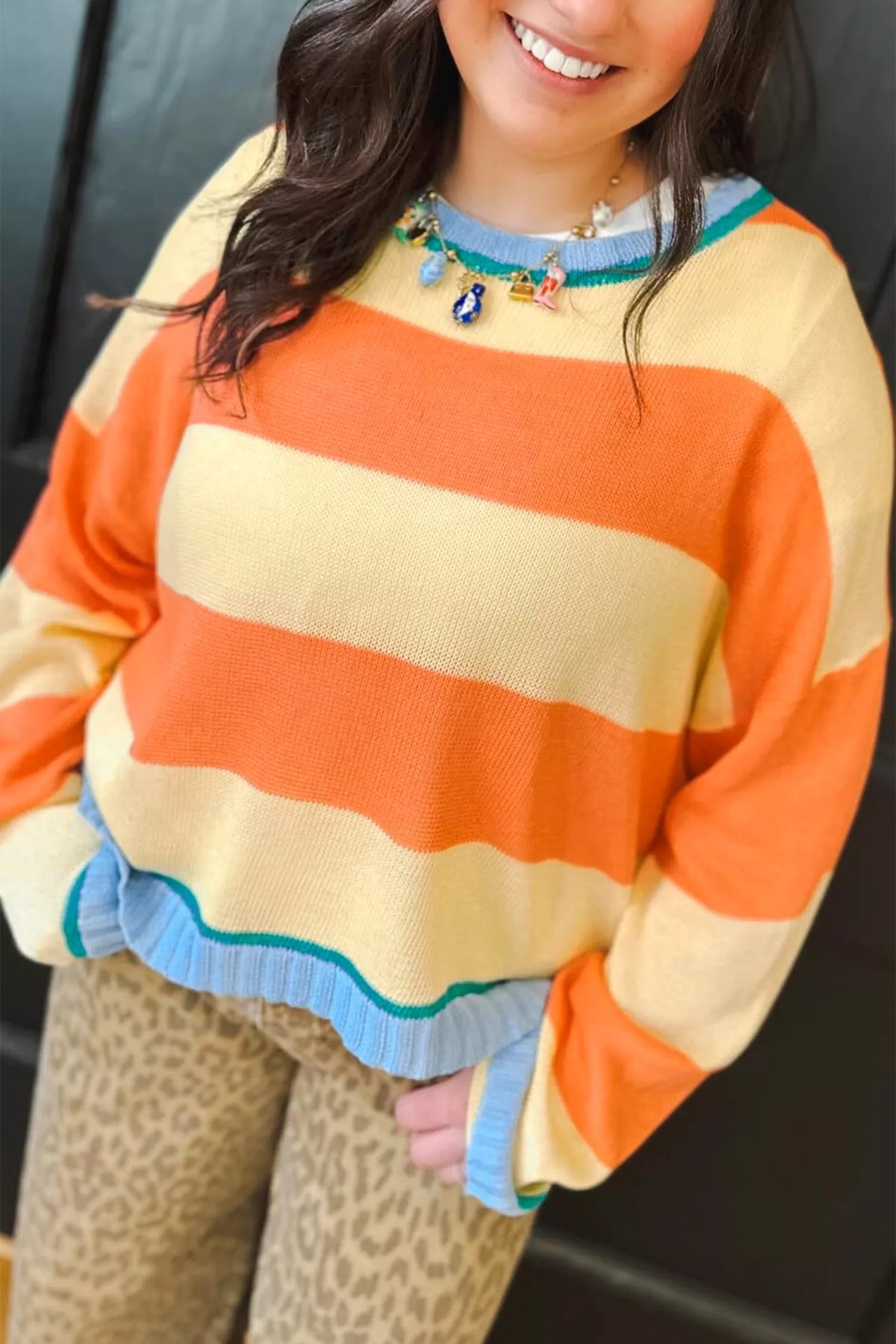 Plus Size Striped Color Block Round Neck Long Sleeve Oversized Sweater