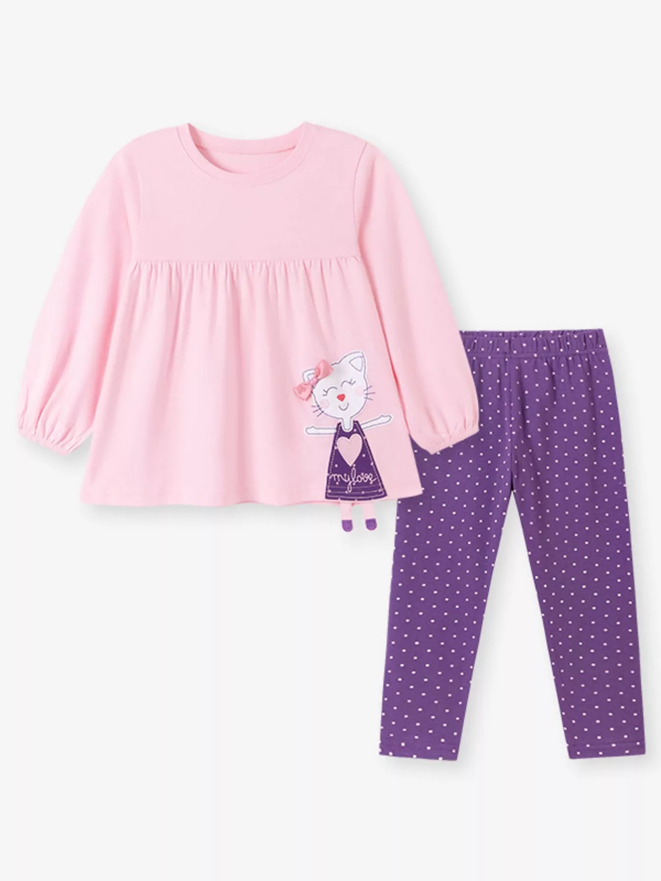 Children's Cat Applique Long Sleeve Top and Polka Dot Leggings Set