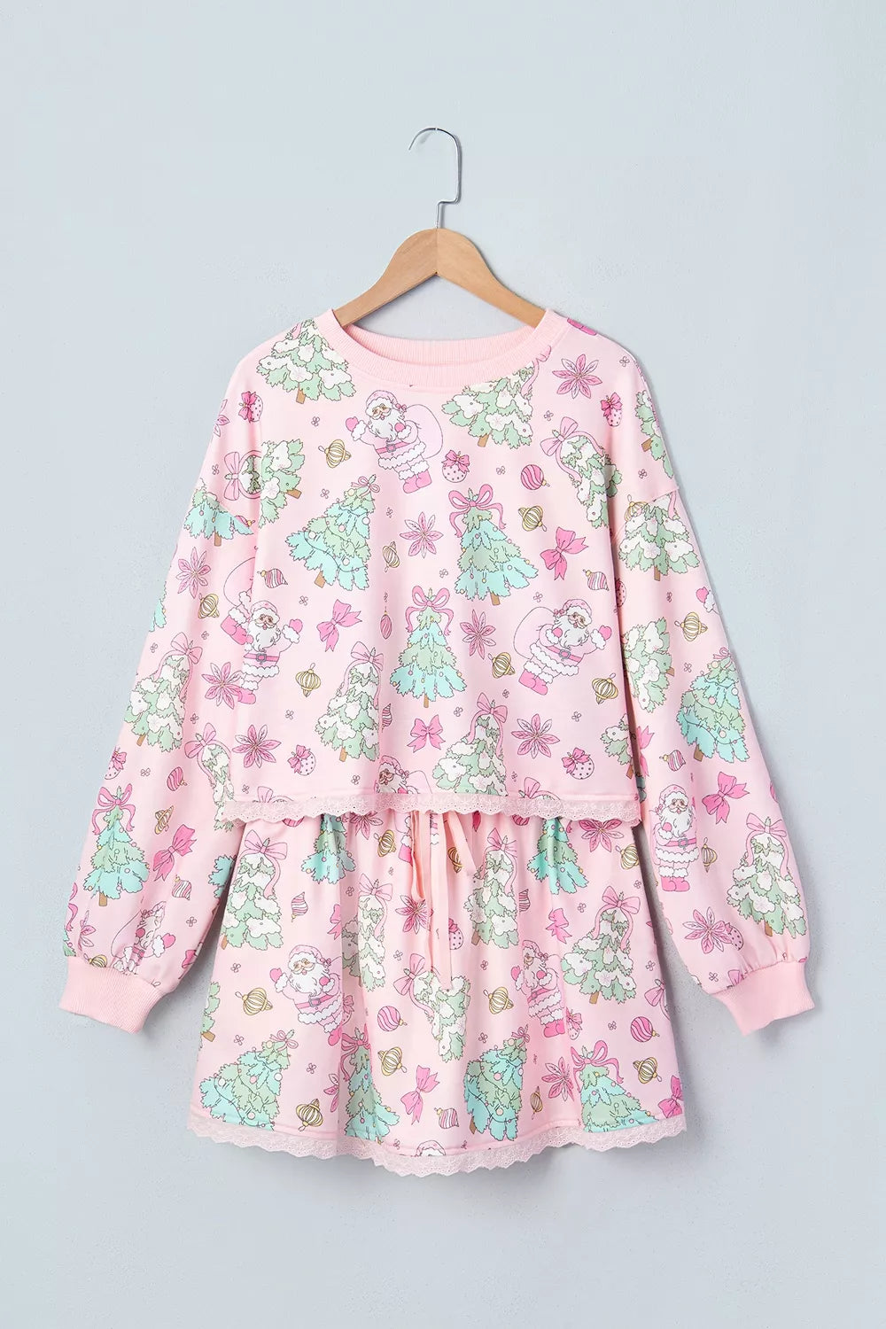 Floral Print Lace Trim Long Sleeve Top and Skirt Set