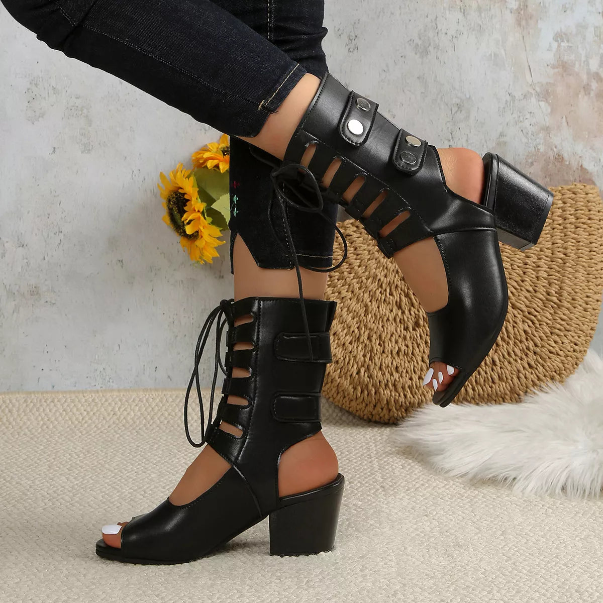 Lace Up Block Heels Sandals