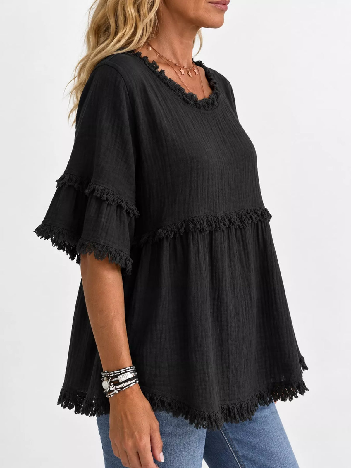 Full Size Frayed Edge Textured Blouse Plus Size