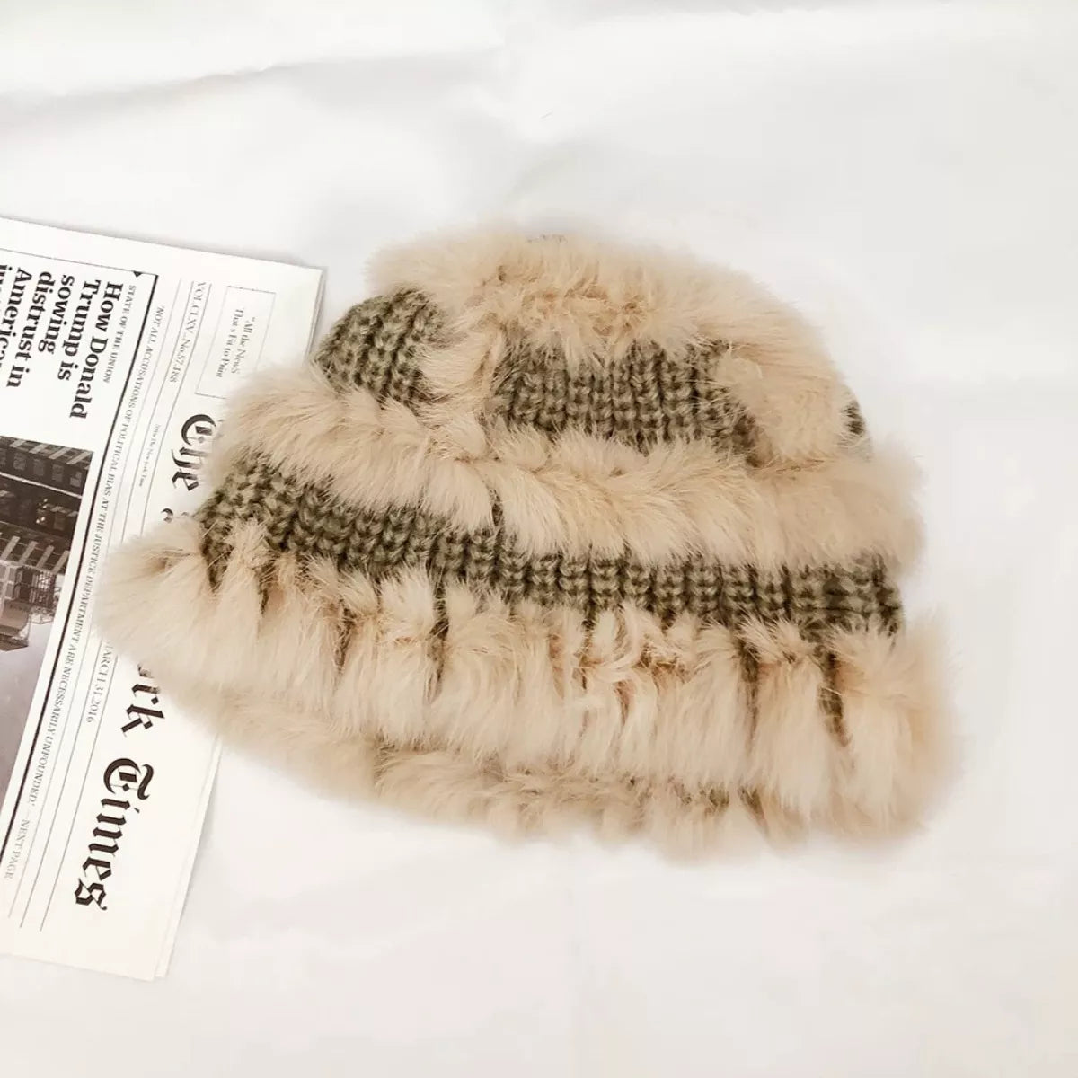 Fluffy Faux Fur Trim Knit Bucket Hat