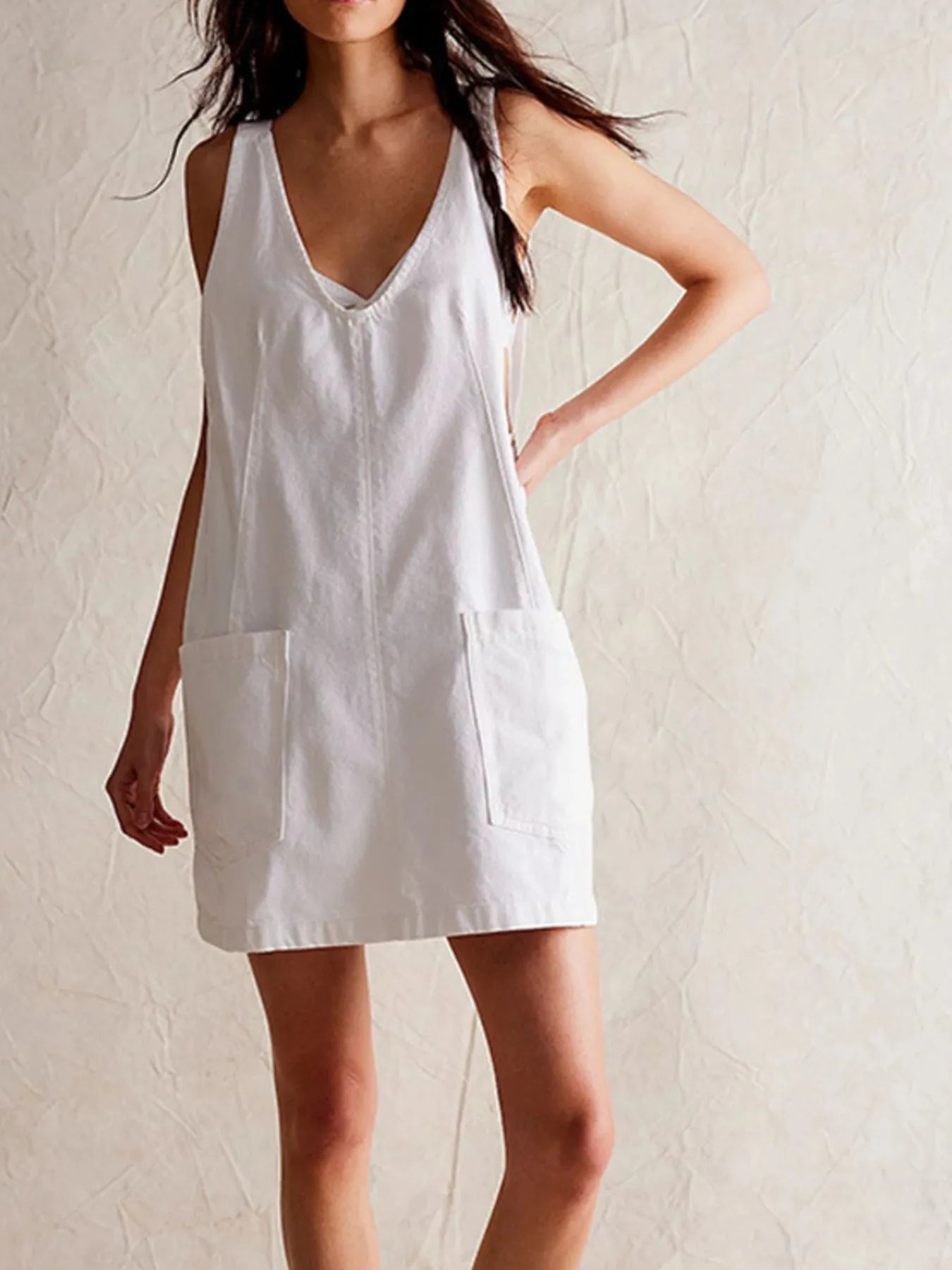 Oversized V-Neck Denim Tank Dress with Front Pockets