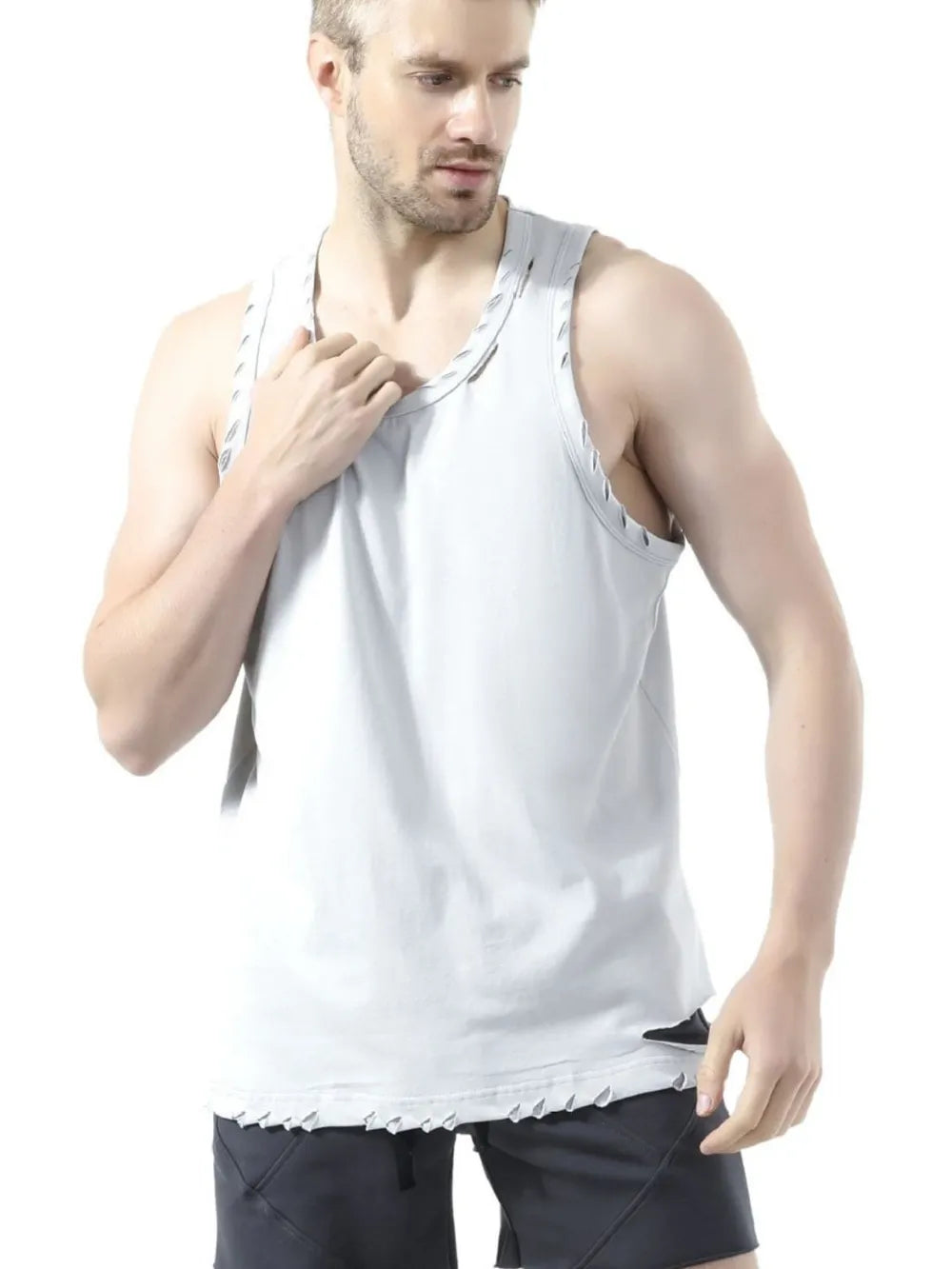 Men's Plus Size Distressed Hem Round Neck Tank