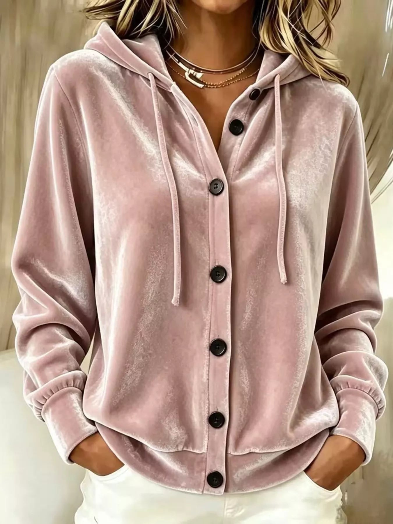 Full Size Velvet Button-Down Hooded Outerwear Plus Size