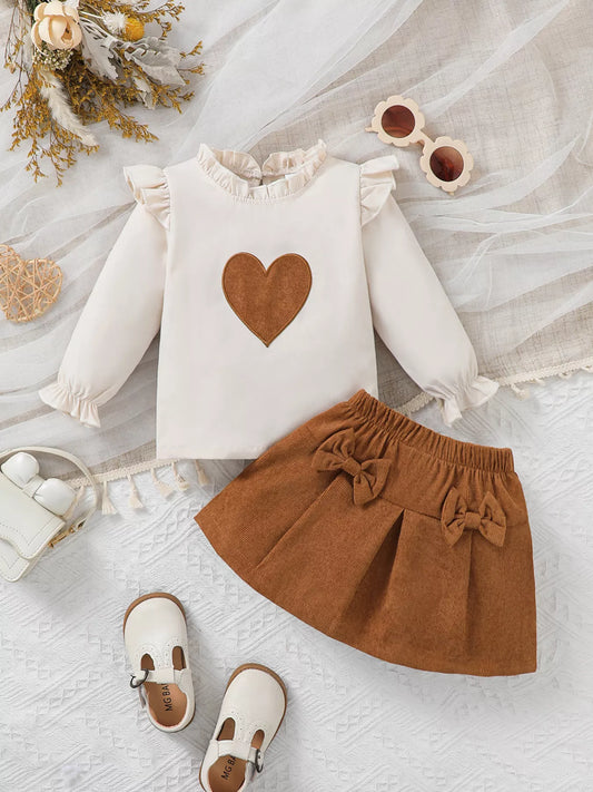 Children's Heart Ruffle Trim Top & Bow Decor Corduroy Skirt Set