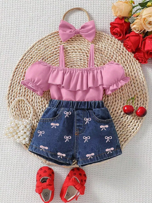 Children's Ruffle Top and Bowknot Denim Shorts Set with Headband