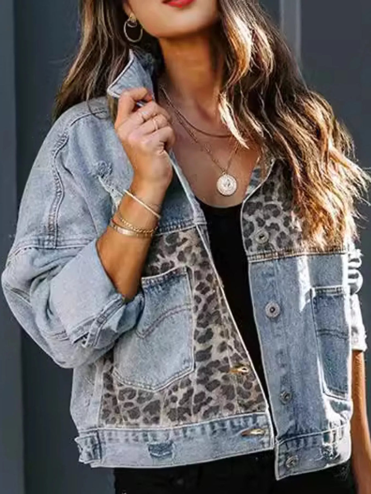 Full Size Distressed Leopard Dropped Shoulder Denim Jacket Plus Size