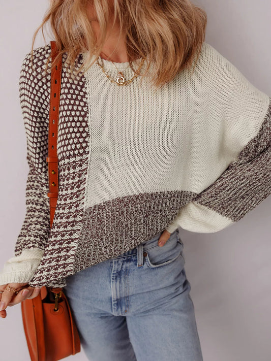 Color Block Back Tie Drop Shoulder Loose Sweater