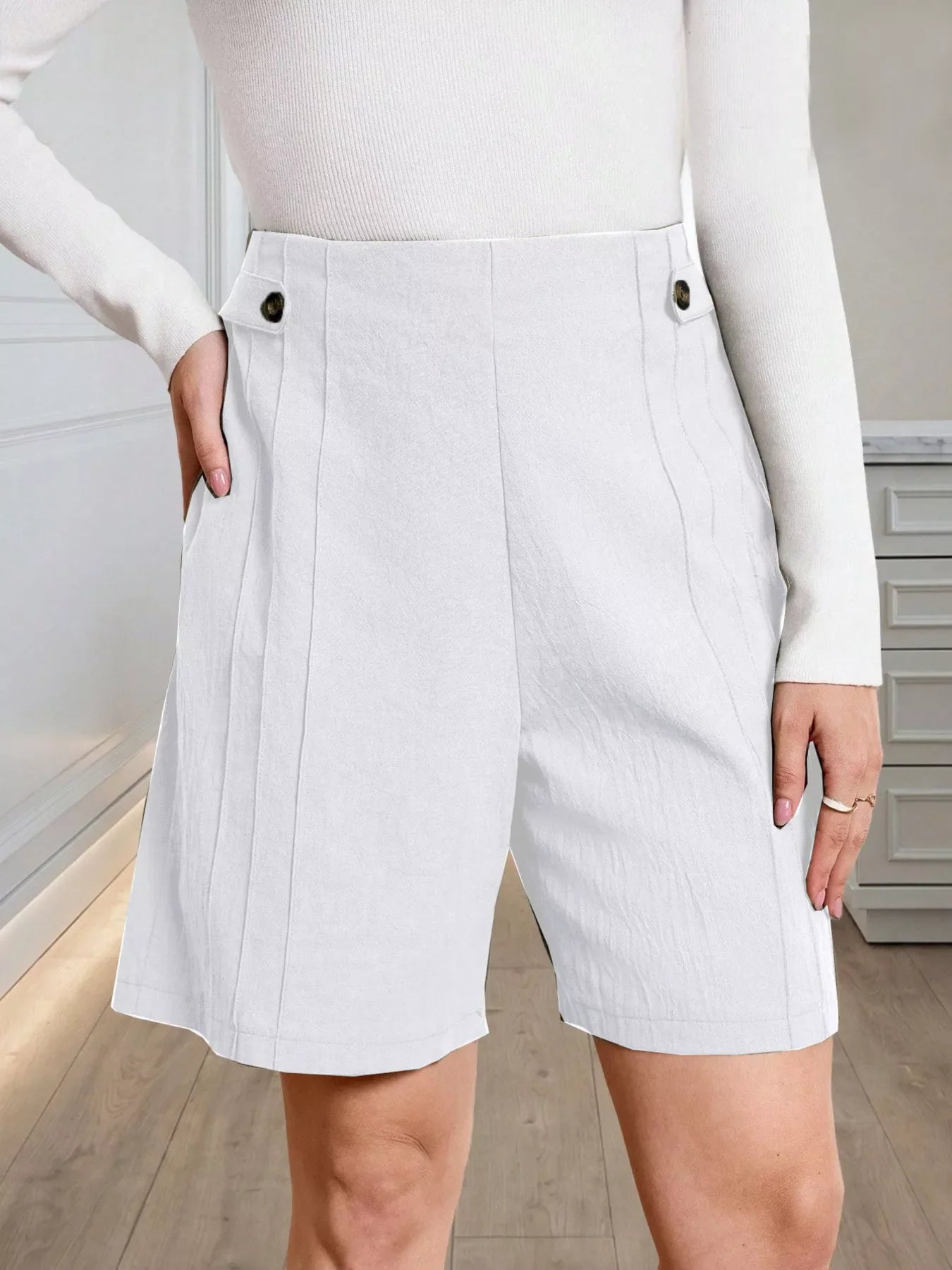 High-Waisted Pleated Shorts with Button Detail