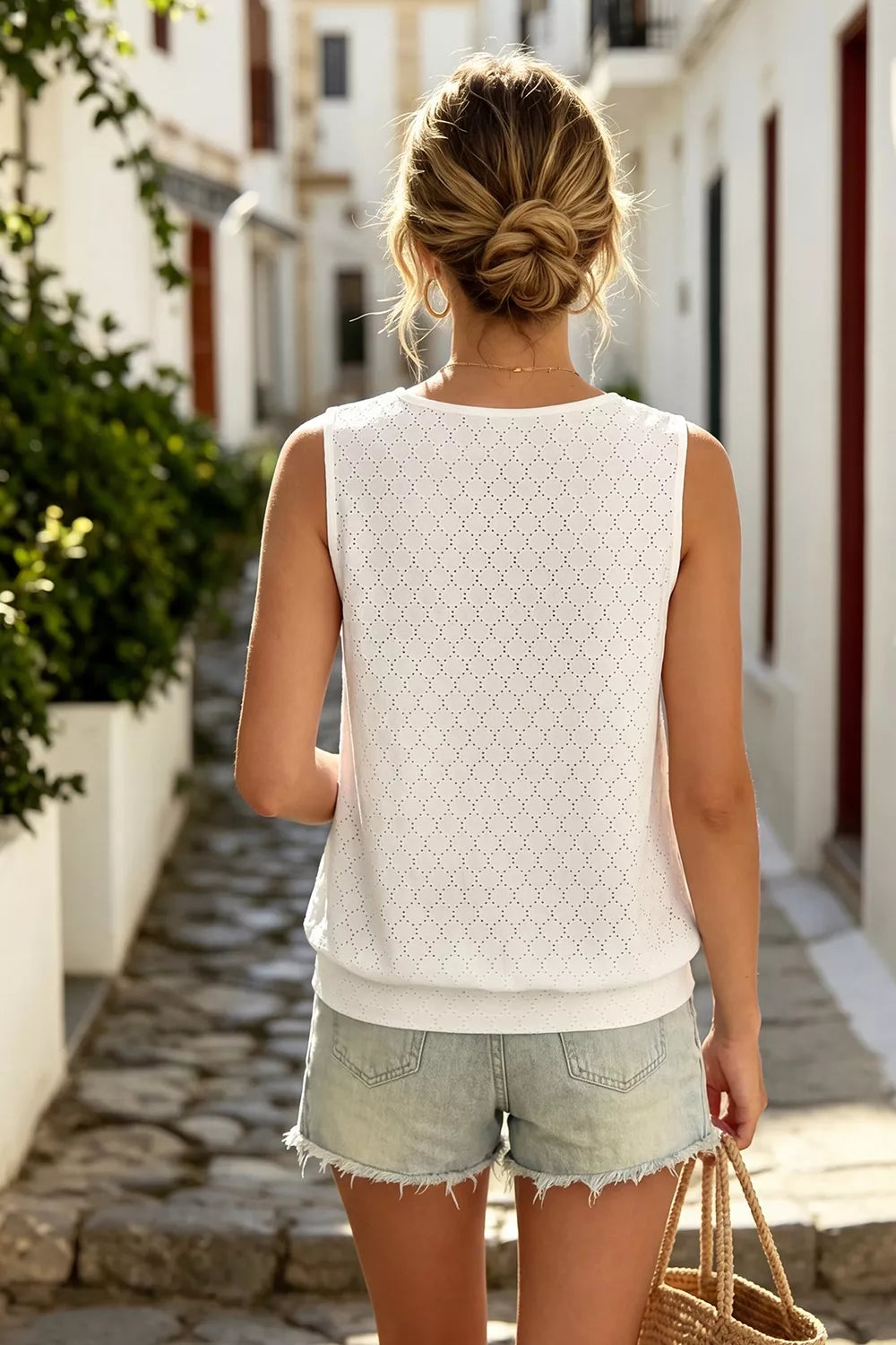 Eyelet Keyhole Neck Sleeveless Top