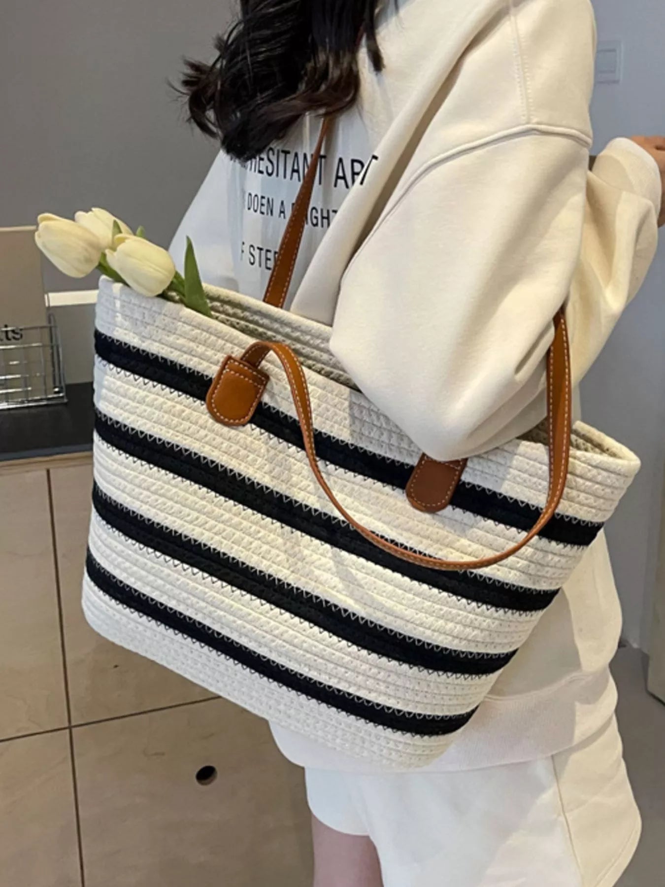Striped Straw Tote Bag