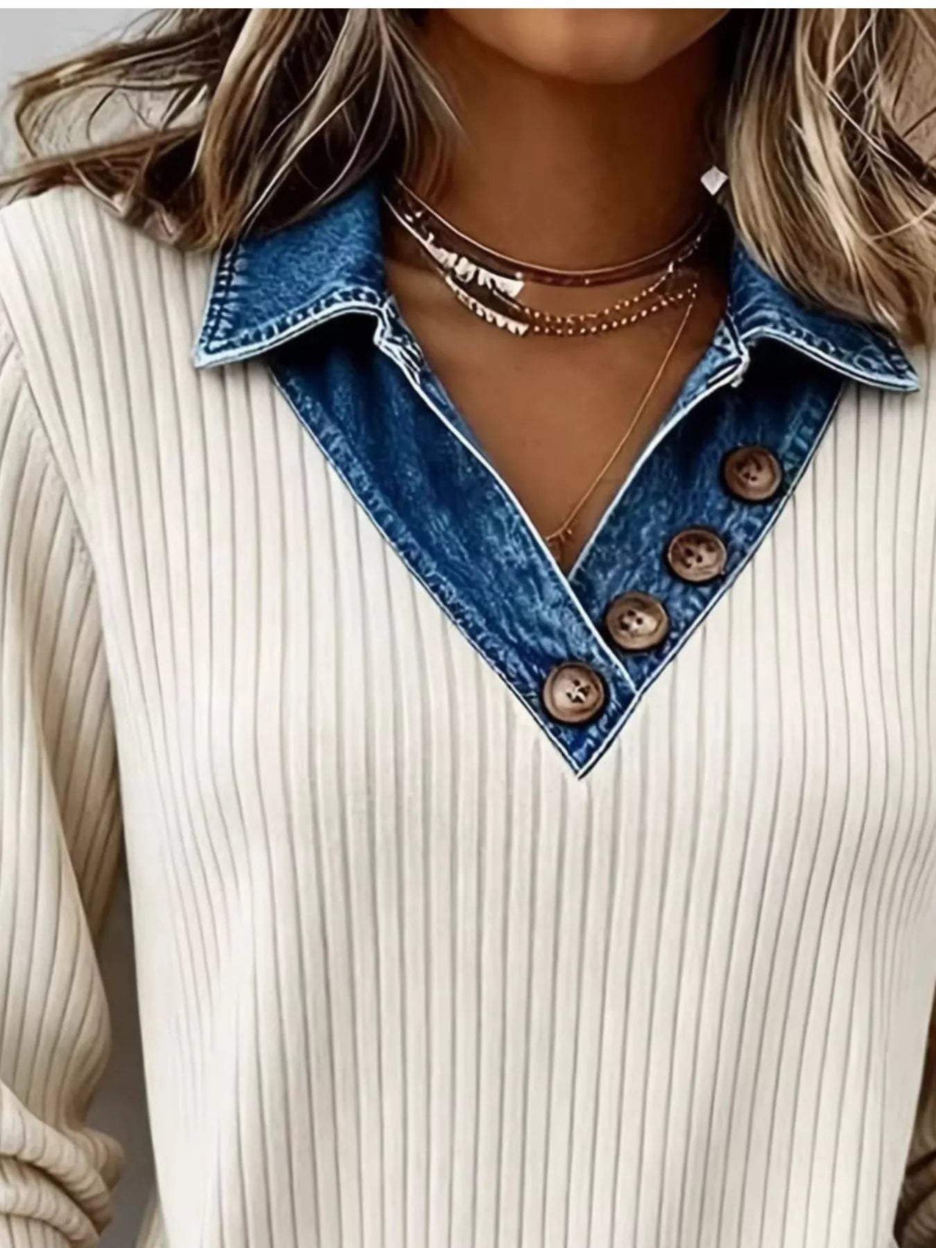 Denim Collar Ribbed Knit Top
