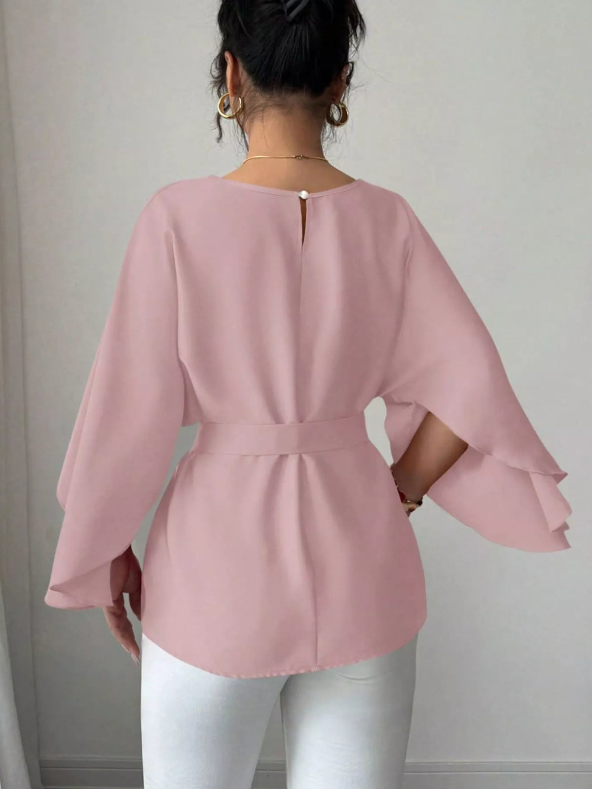 Round Neck Belt Batwing Sleeve Blouse