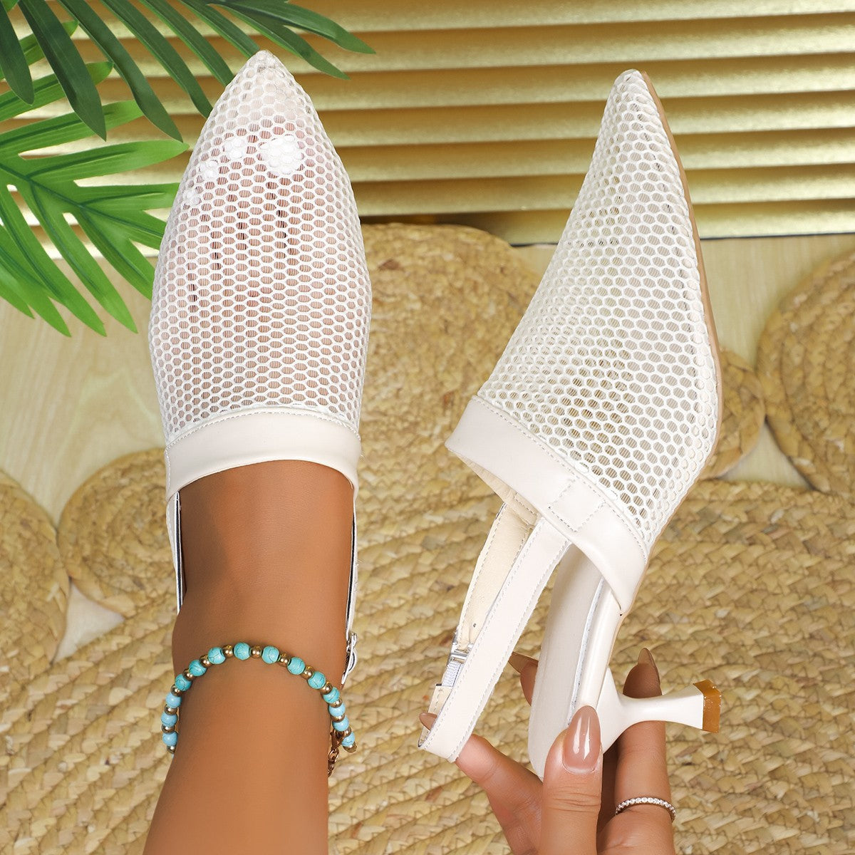 Mesh Pointed Toe Kitten Heel Sandals