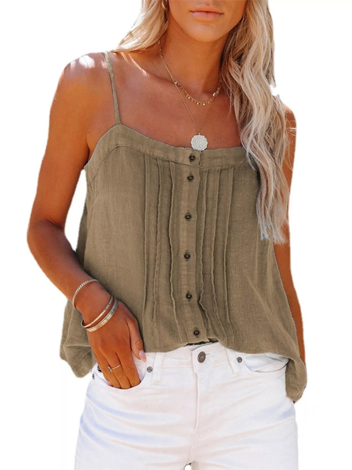 Pleated Button-Down Spaghetti Strap Cami