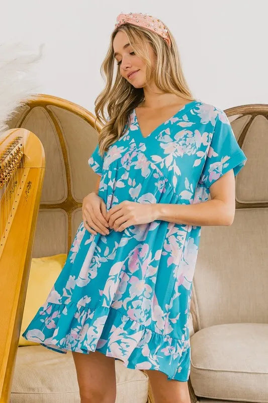 BiBi Floral Crinkle Shirred Ruffle Detail V Neck Dress