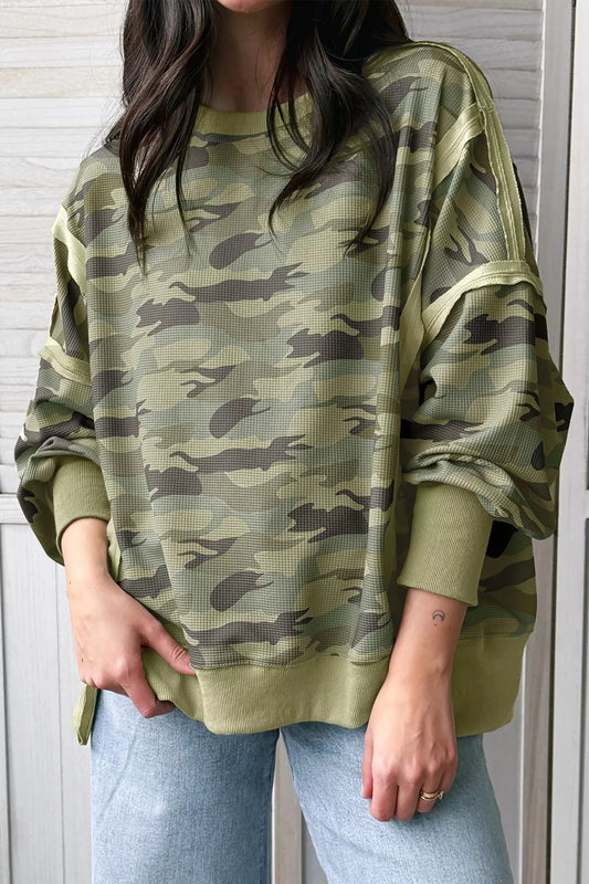 Camouflage Waffle Knit Raw Edge Contrast Trim Oversized Long Sleeve Top