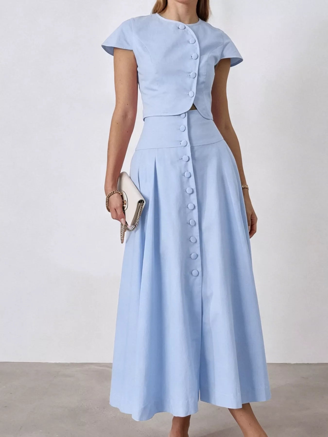 Cap Sleeve Button-Down Crop Top and Midi Skirt Set