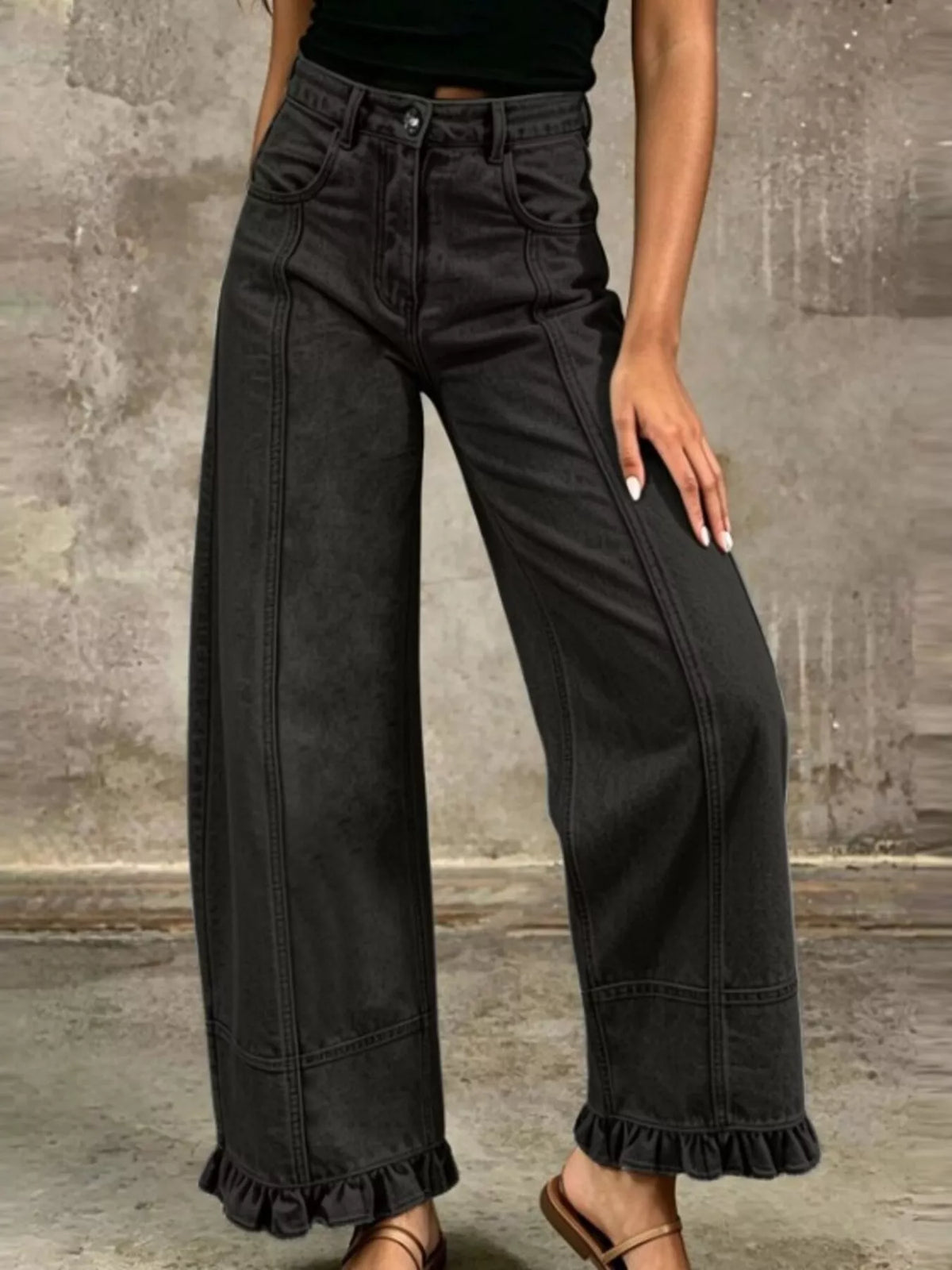 Full Size High-Waisted Wide-Leg Ruffle Hem Jeans Plus Size