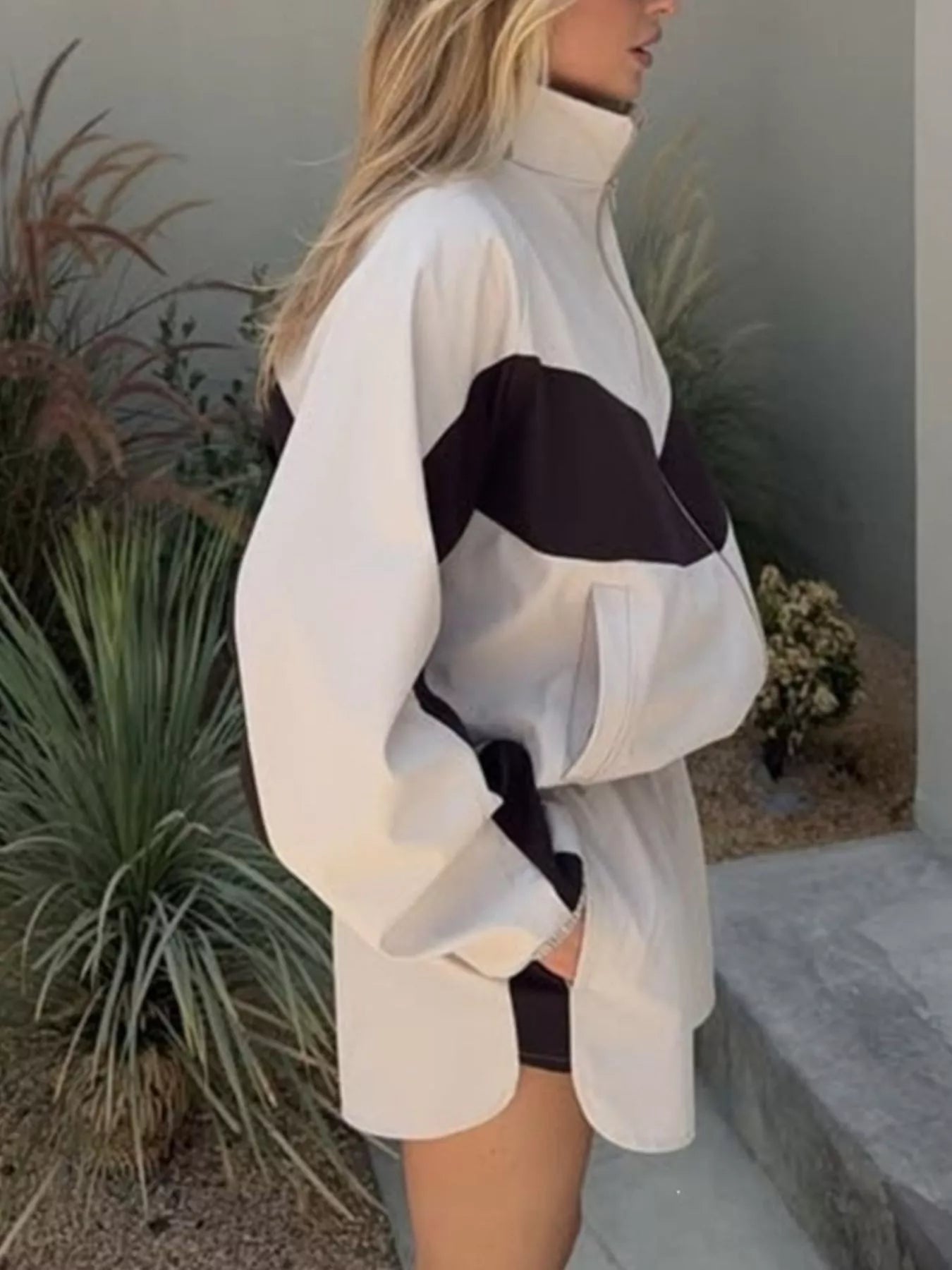 Color Block Zip Up Outerwear and Shorts Set