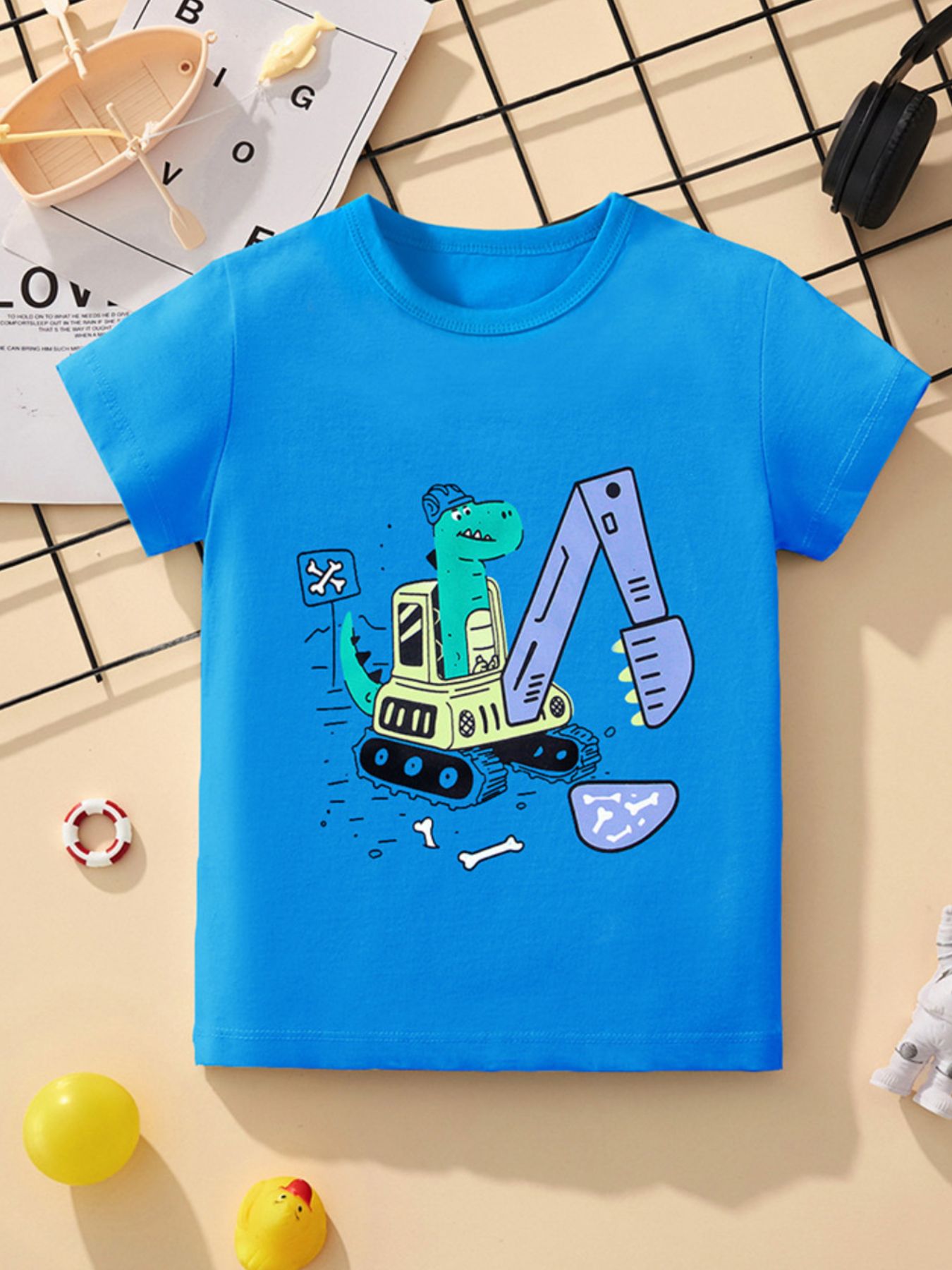 Children's Dinosaur Excavator Graphic Crew Neck Short Sleeve T-Shirt