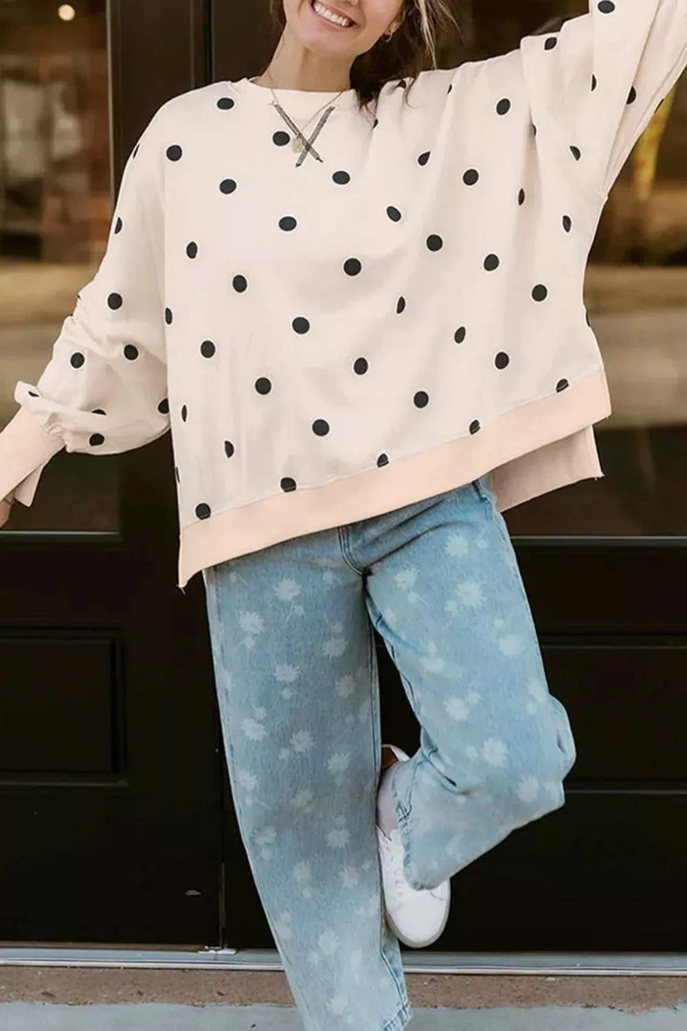 Loose-fit Long Sleeve Round Neck Polka Dot Tunic Sweatshirt