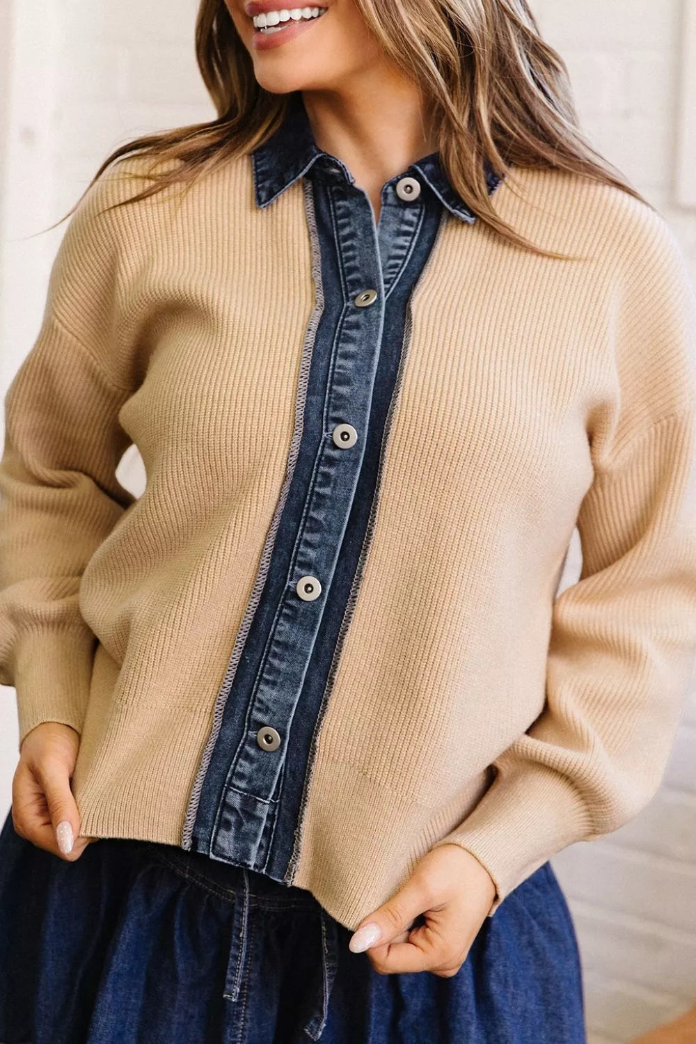 Drop Shoulder Placket Paneling Shirt Collar Long Sleeve Cardigan