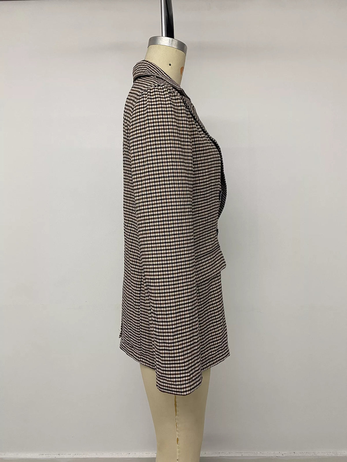 Plaid Lapel Collar Double-Breasted Blazer