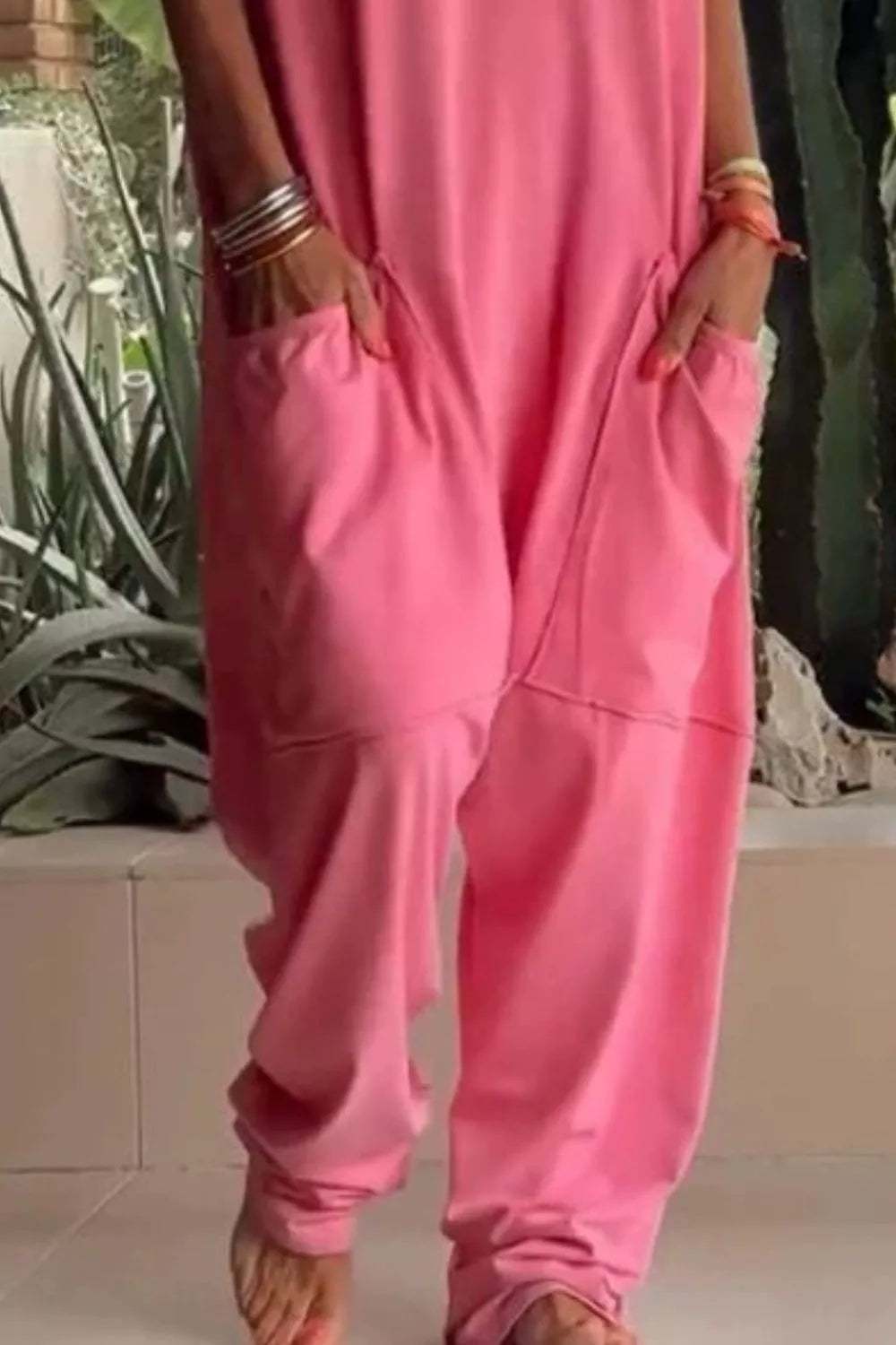 Full Size Casual V-Neck Short Sleeve Jumpsuit with Pockets Plus Size