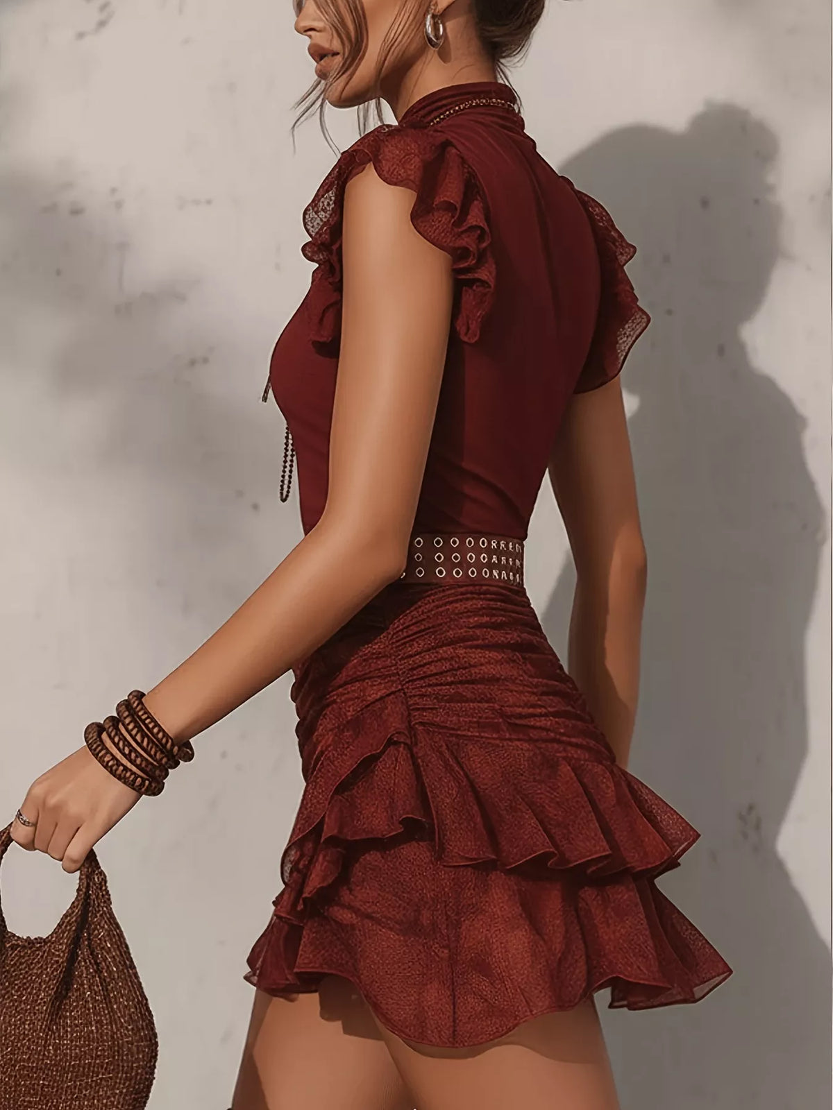 Mock Neck Ruffle Sleeve Top and Ruched Skirt Set