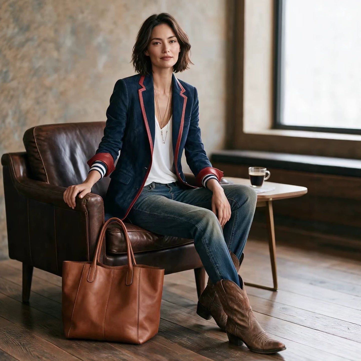Suede Color-Block Blazer with Contrast Trim