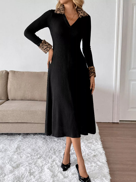 Leopard Cuff Johnny Collar Midi Dress