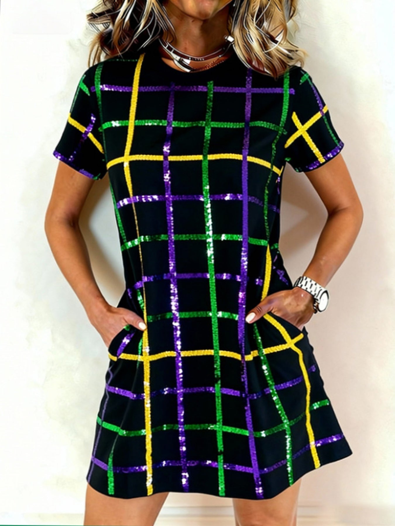 Full Size Plaid Short Sleeve Mini Dress Plus Size