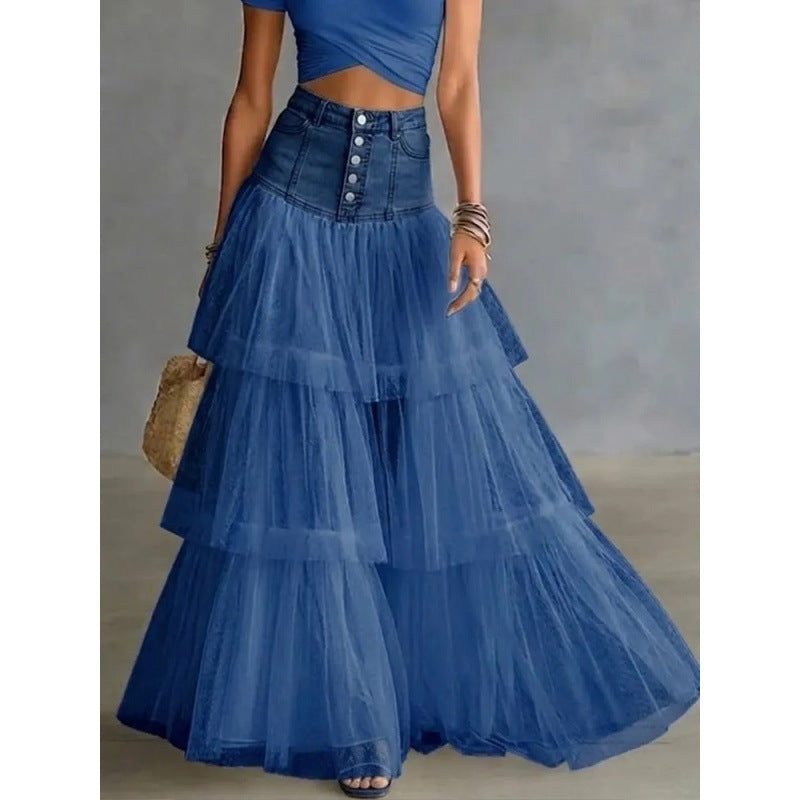 Women's Denim Waist Layered Mesh Maxi Skirt – A-Line Tulle Swing Skirt