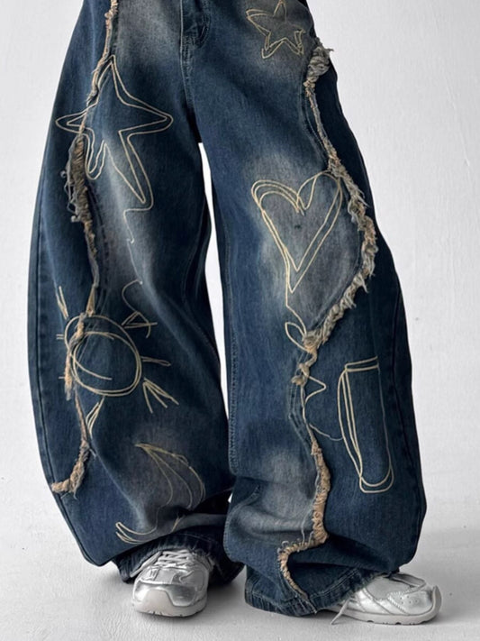 Men's Full Size Frayed Hem Wide Leg Jeans Plus Size