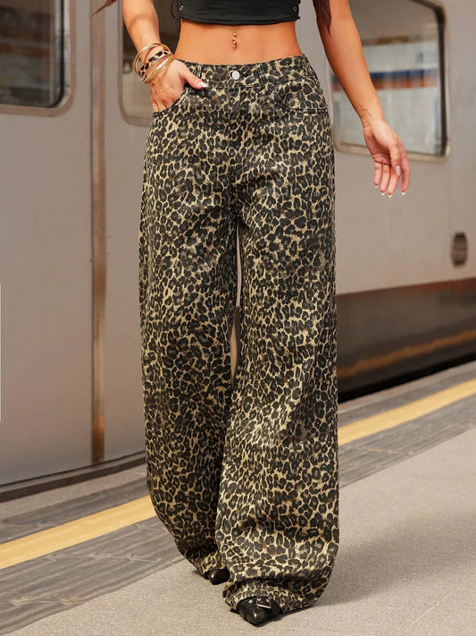 Leopard Print Wide Leg Jeans