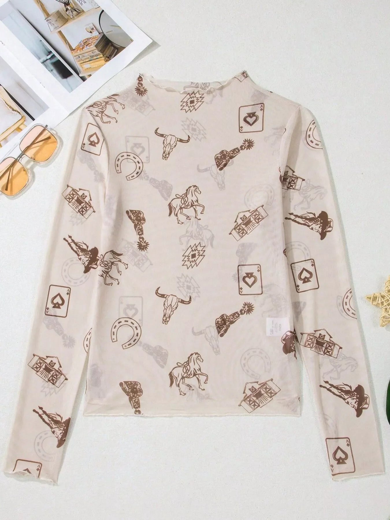 Printed Mesh Long Sleeve Slim Fit Top