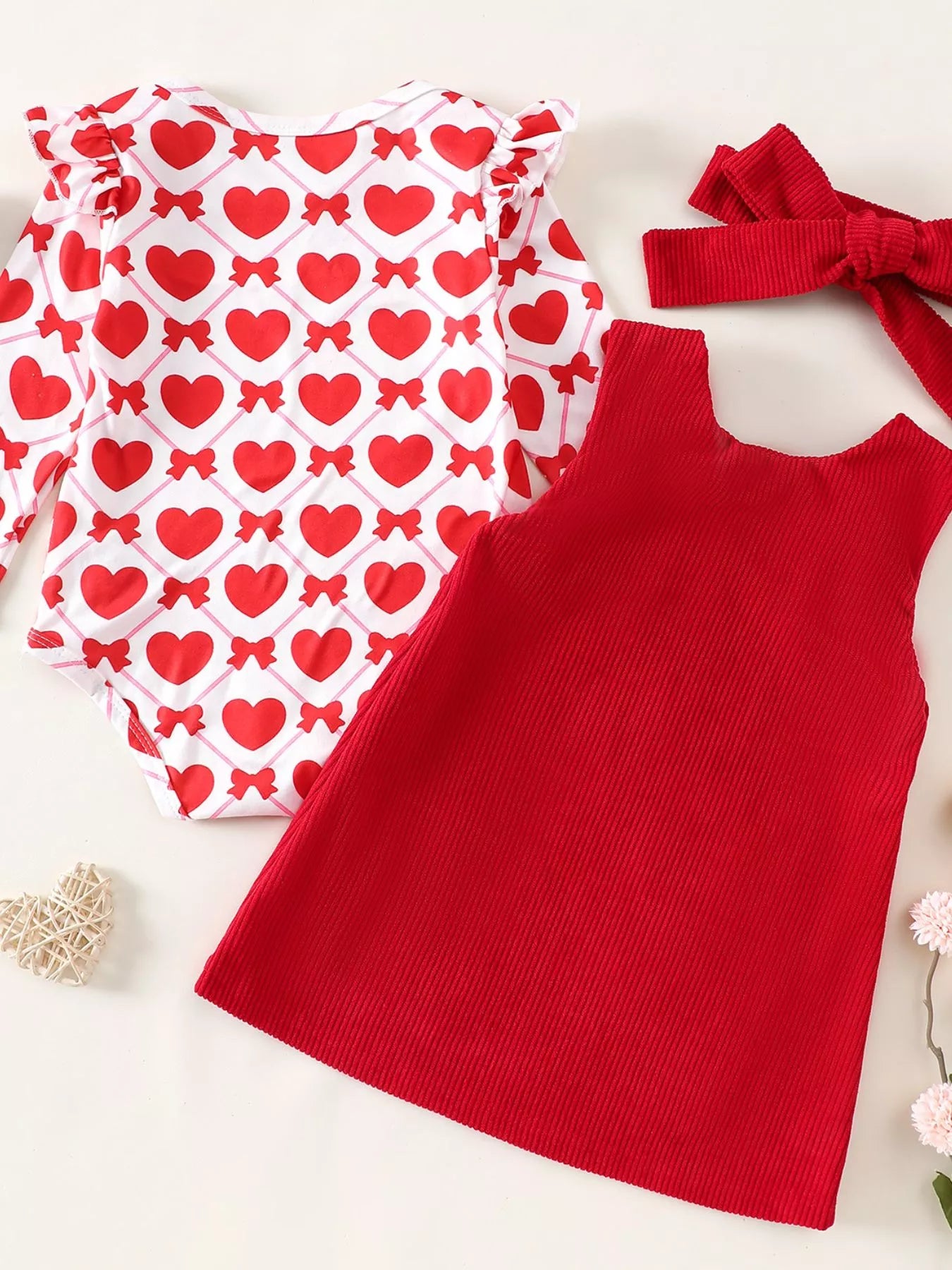 Children's Heart Print Bodysuit and Dress Outfit Set with Headband