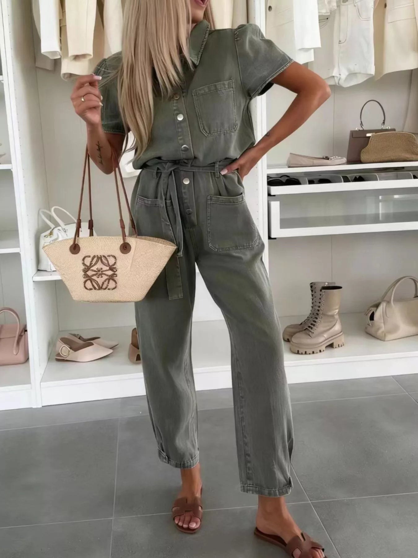 Vintage Wash Short Sleeve Denim Jumpsuit