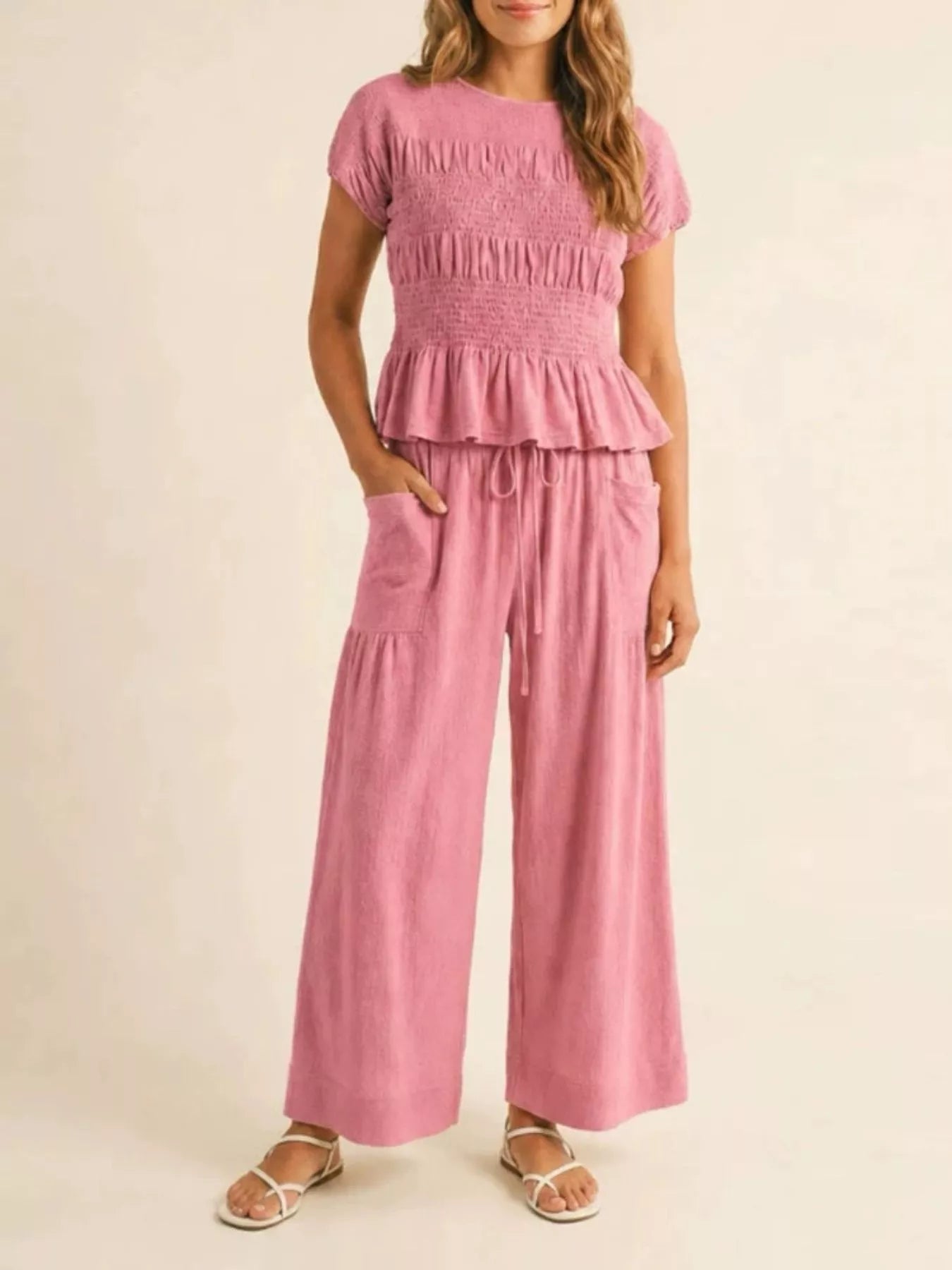 Smocked Peplum Top and Wide-Leg Pants Set