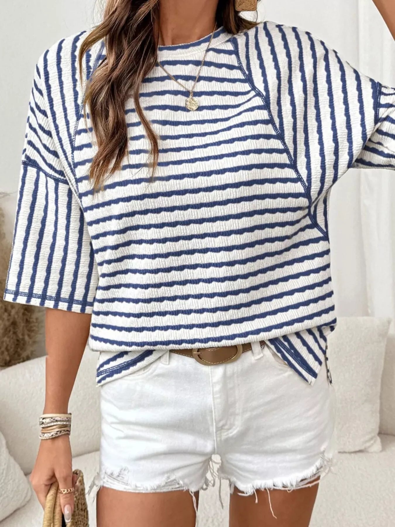 Casual Striped Raglan Sleeve Textured T-Shirt